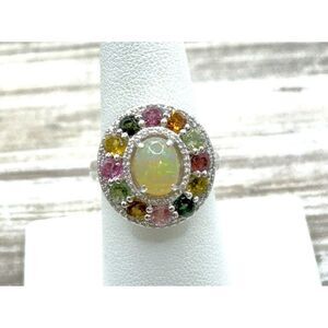 Welo Opal Ring W/ Multicolored Tourmaline Gemstones Zircon Halo Sterling Sz 7.75